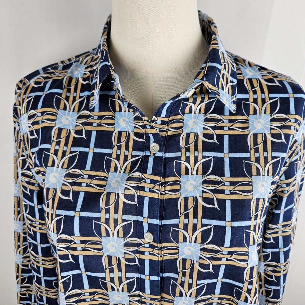 J. McLaughlin Button Down Blouse Sz Medium Blue & Tan Plaid Floral Career